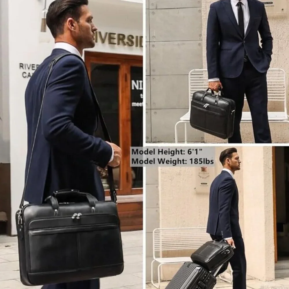 ⚡Men Black Fits 15.6 Inch Laptop Crossbody Bag Attached Leather Briefcase